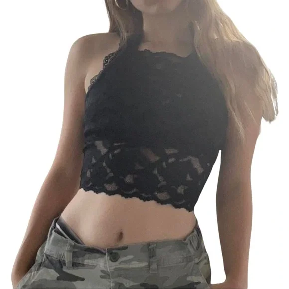 H&M black lace sheer top with tie up straps/back. - Picture 3 of 4